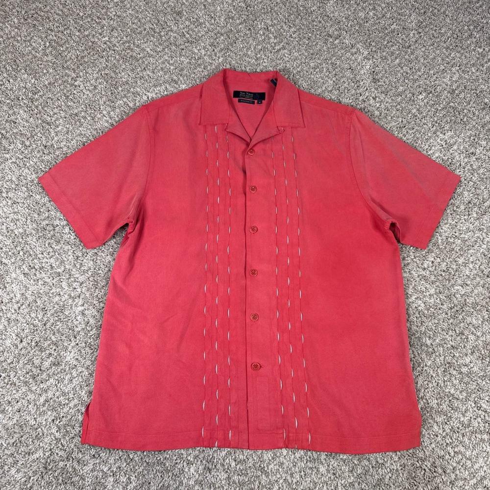 Nat Nast Silk Shirt Mens M Coral Red Embroidered Button Up Retro
